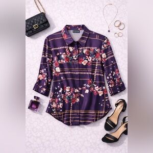 New York & Company Purple Floral Button-Down Blouse Size Medium NWOT